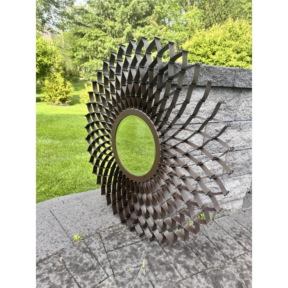 Crate & Barrel Sunburst Mirror 33” Metal Geometric Pattern Oiled Bronze Finish